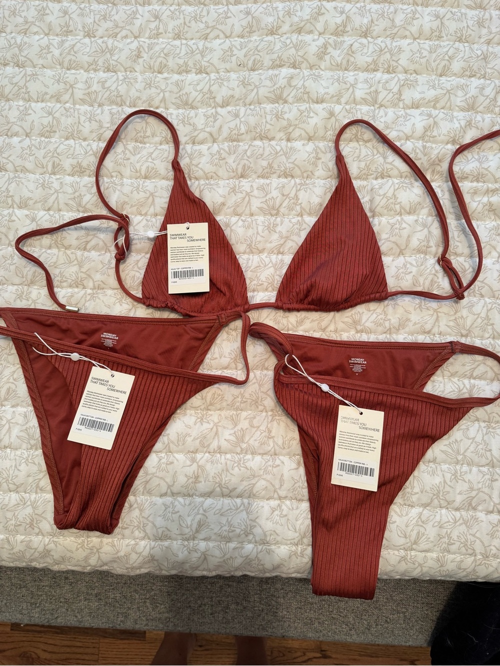Monday Swimwear Ribbed Triangle Bikini Set in Rust
